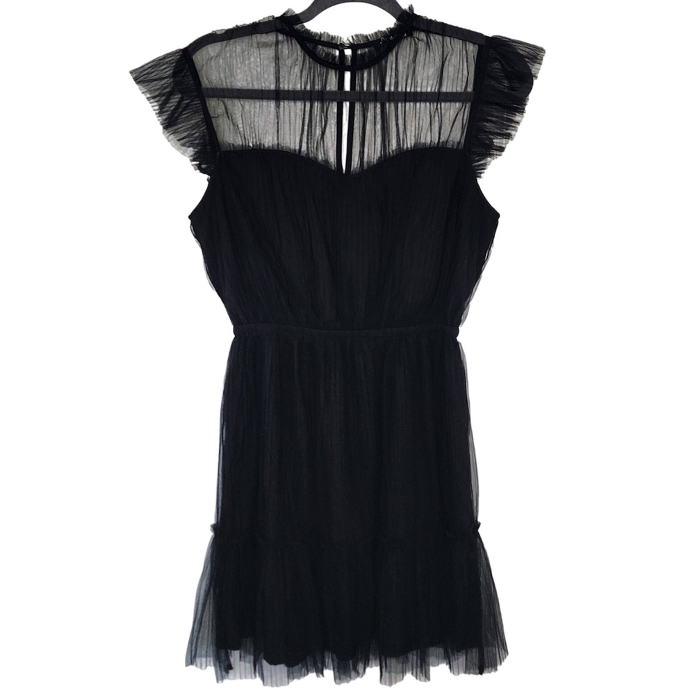 Steve Madden Black Tulle Mini Dress Ruffle Sleeves Sheer Party Cocktail